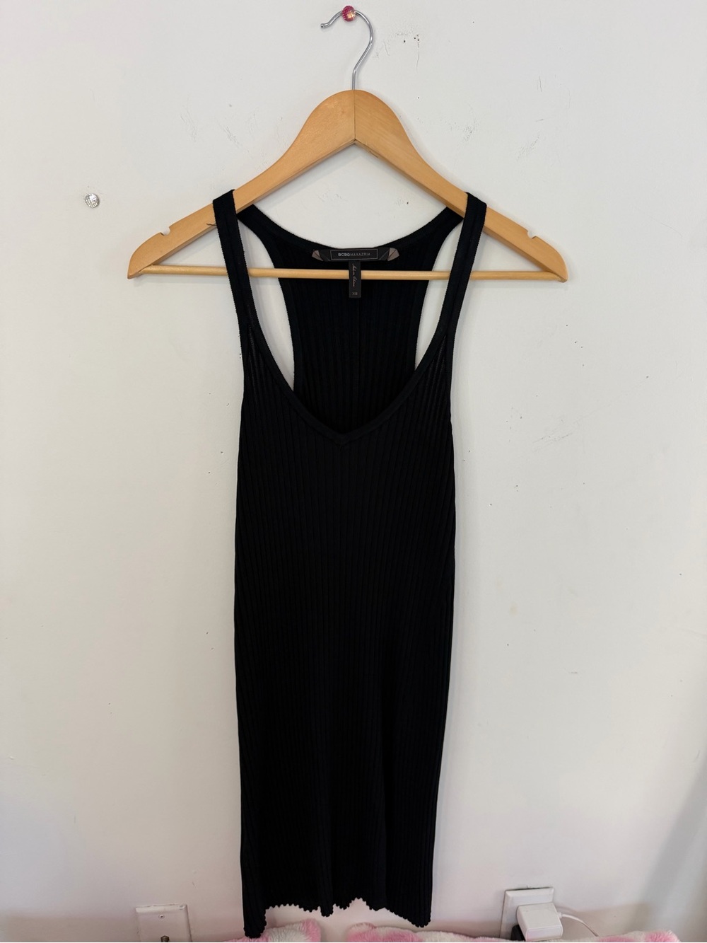 BCBGMaxAzria Black Ribbed V-Neck Midi Tank Dress